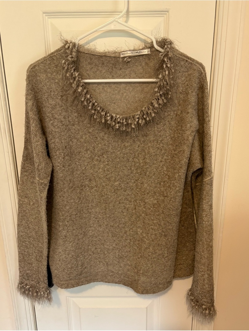 Women's Ivy and Lace Taupe Scoop-Neck Fringe Trim Sweater